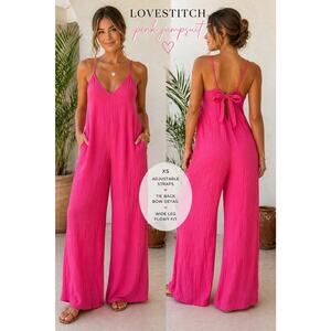 LOVESTITCH Pink Wide Leg Jumpsuit XS Gauze Tie Back Boho Flowy Resort